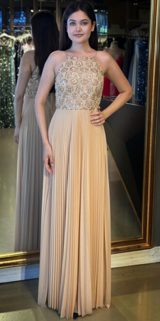 Gold İnce Askılı Sırt Dekolteli Kloş Etekli Tül Uzun Abiye Elbise 11049 