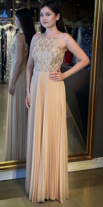 Gold İnce Askılı Sırt Dekolteli Kloş Etekli Tül Uzun Abiye Elbise 11049 - 2