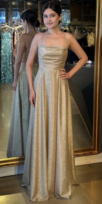 Gold İp Askılı Kare Yaka Sırt Dekolteli Kloş Etekli Simli Uzun Abiye Elbise 7780 - abiyeniall