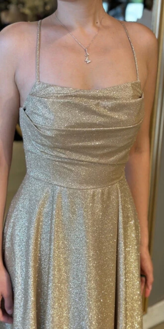 Gold İp Askılı Kare Yaka Sırt Dekolteli Kloş Etekli Simli Uzun Abiye Elbise 7780 - 3