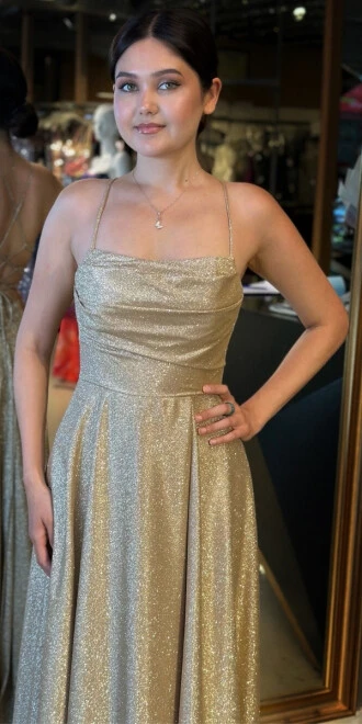 Gold İp Askılı Kare Yaka Sırt Dekolteli Kloş Etekli Simli Uzun Abiye Elbise 7780 - 4