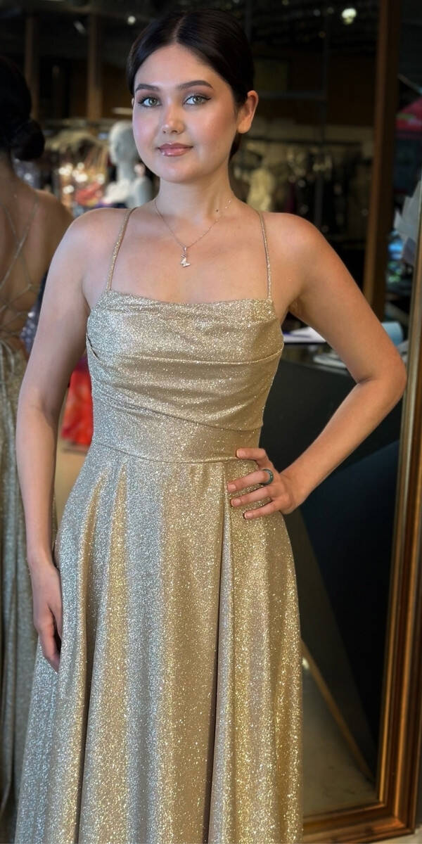 Gold İp Askılı Kare Yaka Sırt Dekolteli Kloş Etekli Simli Uzun Abiye Elbise 7780 - 4