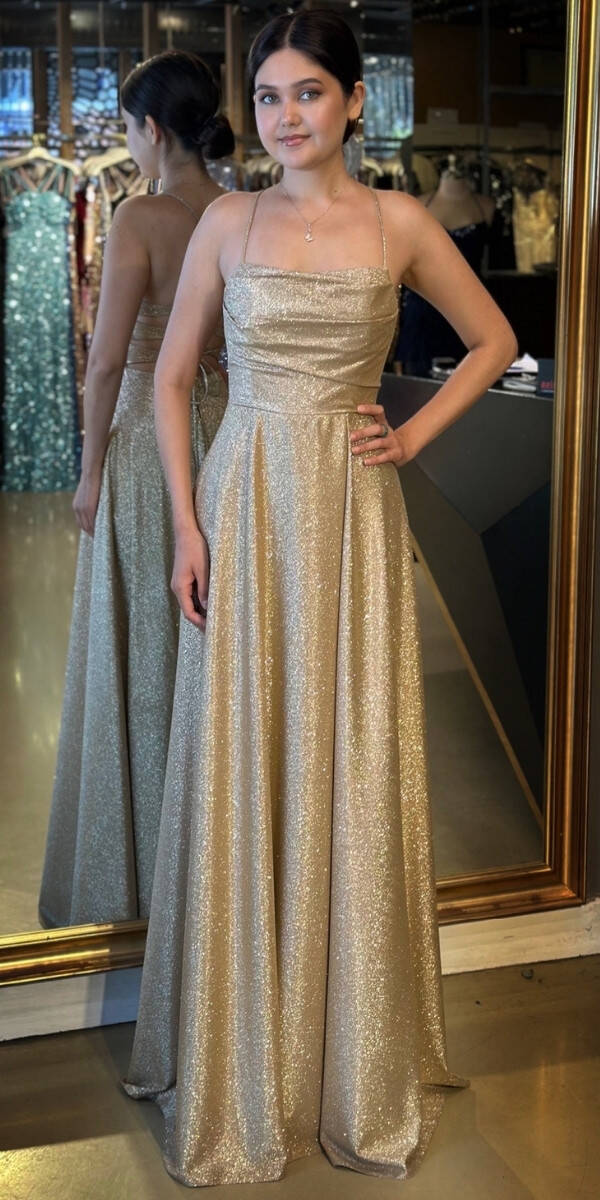 Gold İp Askılı Kare Yaka Sırt Dekolteli Kloş Etekli Simli Uzun Abiye Elbise 7780 - 1