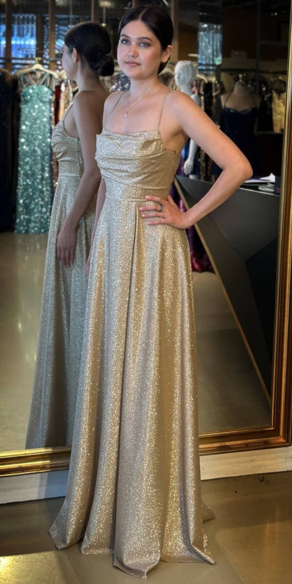 Gold İp Askılı Kare Yaka Sırt Dekolteli Kloş Etekli Simli Uzun Abiye Elbise 7780 - 2