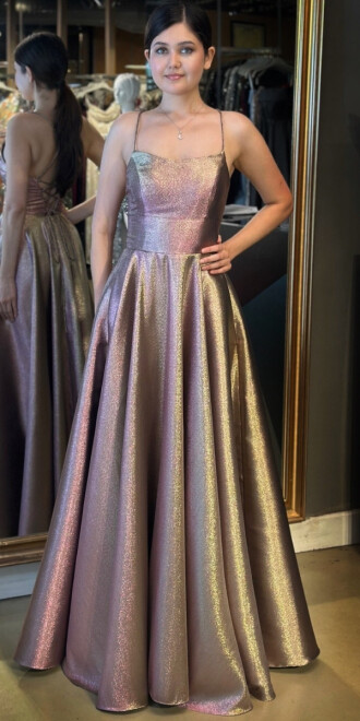 Gold İp Askılı Sırt Dekolteli Kloş Etekli Jakarlı Uzun Abiye Elbise 11058 - 1