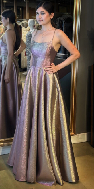 Gold İp Askılı Sırt Dekolteli Kloş Etekli Jakarlı Uzun Abiye Elbise 11058 - 2