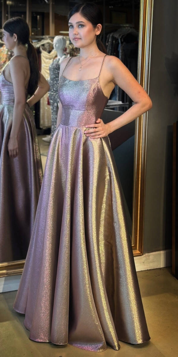 Gold İp Askılı Sırt Dekolteli Kloş Etekli Jakarlı Uzun Abiye Elbise 11058 - 2