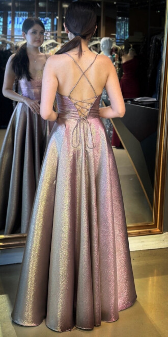 Gold İp Askılı Sırt Dekolteli Kloş Etekli Jakarlı Uzun Abiye Elbise 11058 - 5