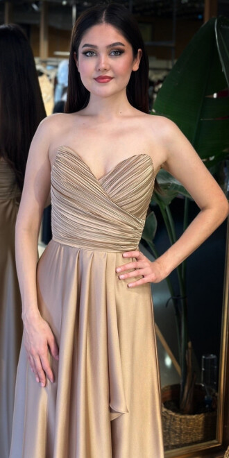 Gold Straplez Yaka Anvelop Yırtmaçlı Kloş Etekli Saten Uzun Abiye Elbise 11095-07 - 3