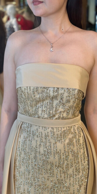 Gold Straplez Yaka Çıkarılabilir Kuyruklu Düz Kesim Simli Uzun Abiye Elbise 7699 - 4