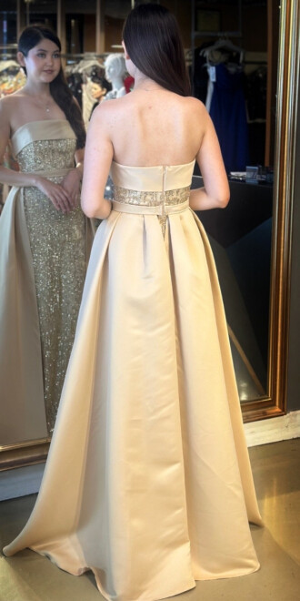 Gold Straplez Yaka Çıkarılabilir Kuyruklu Düz Kesim Simli Uzun Abiye Elbise 7699 - 5