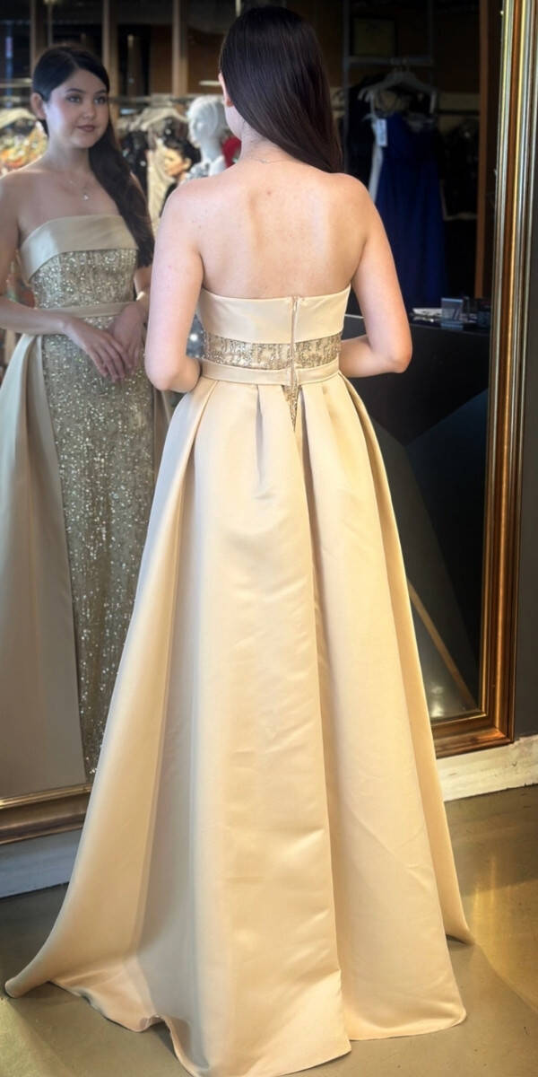 Gold Straplez Yaka Çıkarılabilir Kuyruklu Düz Kesim Simli Uzun Abiye Elbise 7699 - 5