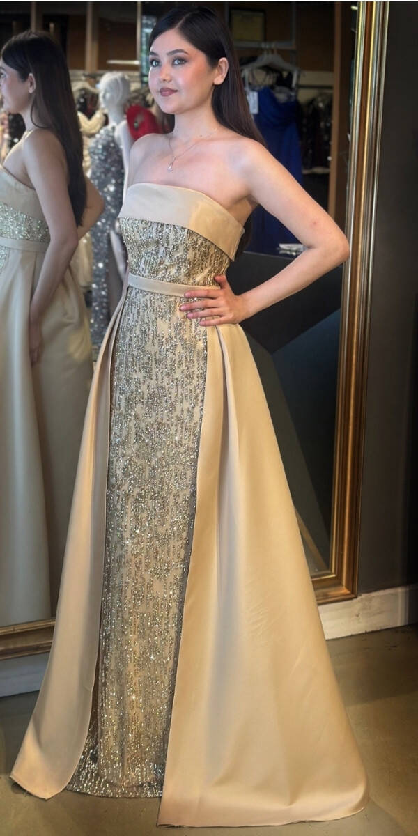 Gold Straplez Yaka Çıkarılabilir Kuyruklu Düz Kesim Simli Uzun Abiye Elbise 7699 - 2