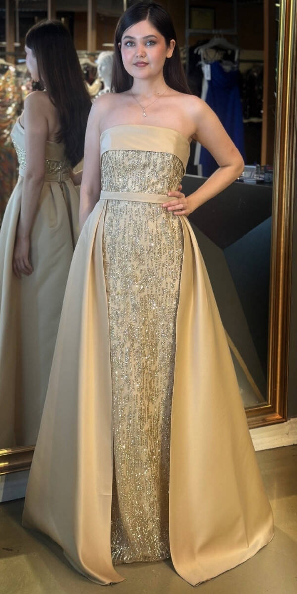 Gold Straplez Yaka Çıkarılabilir Kuyruklu Düz Kesim Simli Uzun Abiye Elbise 7699 - 1