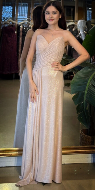 Gold Straplez Yaka Göğüs Dekolteli Düz Kesim Likralı Parlak Kumaş Uzun Abiye Elbise 11083-01 