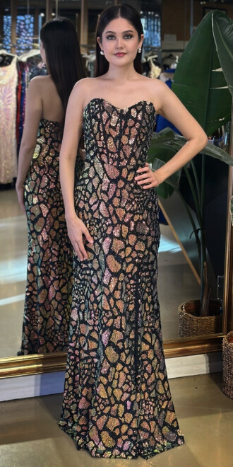 Gold Straplez Yaka Yırtmaçlı Düz Kesim Payet Uzun Abiye Elbise 11163-01 - abiyeniall