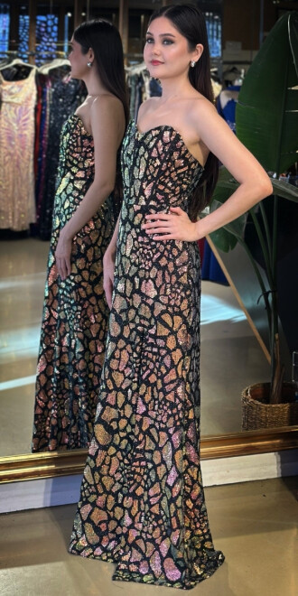 Gold Straplez Yaka Yırtmaçlı Düz Kesim Payet Uzun Abiye Elbise 11163-01 - 2