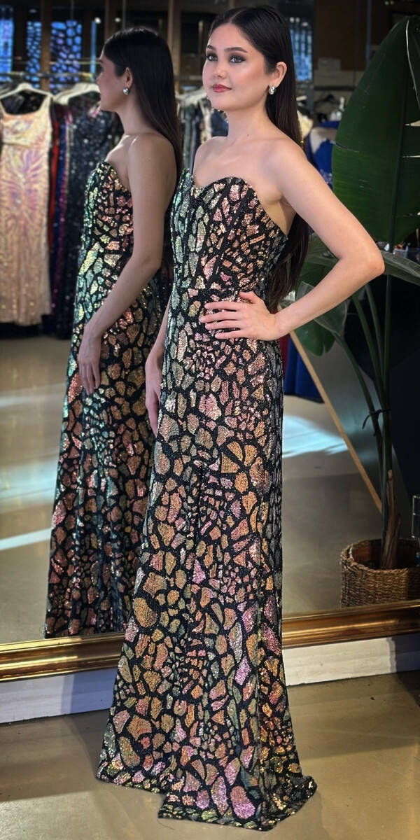 Gold Straplez Yaka Yırtmaçlı Düz Kesim Payet Uzun Abiye Elbise 11163-01 - 2