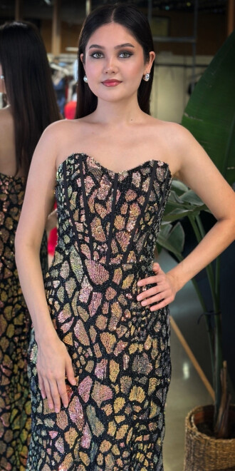 Gold Straplez Yaka Yırtmaçlı Düz Kesim Payet Uzun Abiye Elbise 11163-01 - 3