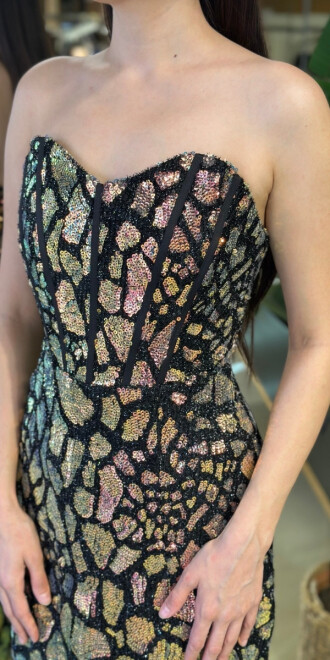 Gold Straplez Yaka Yırtmaçlı Düz Kesim Payet Uzun Abiye Elbise 11163-01 - 4