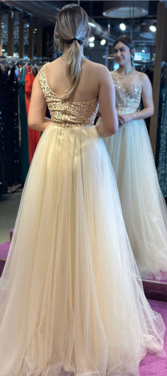 Gold Tek Omuzlu Kloş Etekli Tül Uzun Abiye Elbise 7423 - 5