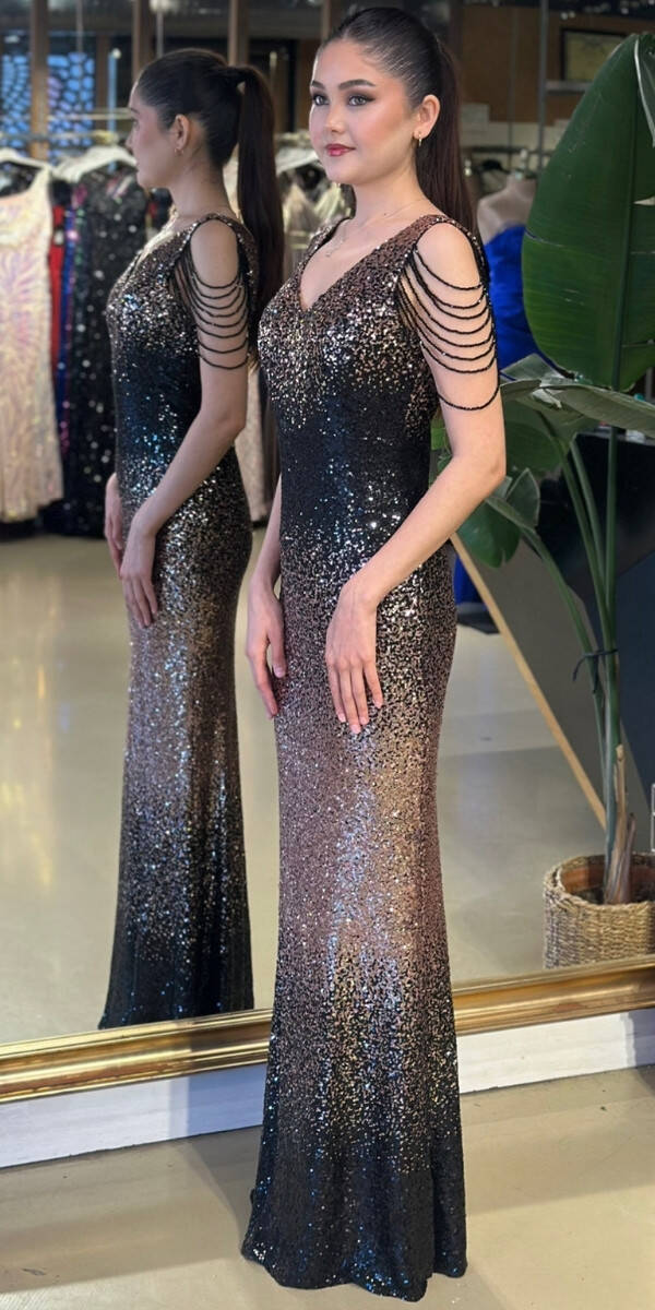 Gold V Yaka Kalın Askı Boncuk İşlemeli Düz Kesim Payet Uzun Abiye Elbise 11012-03 - 2