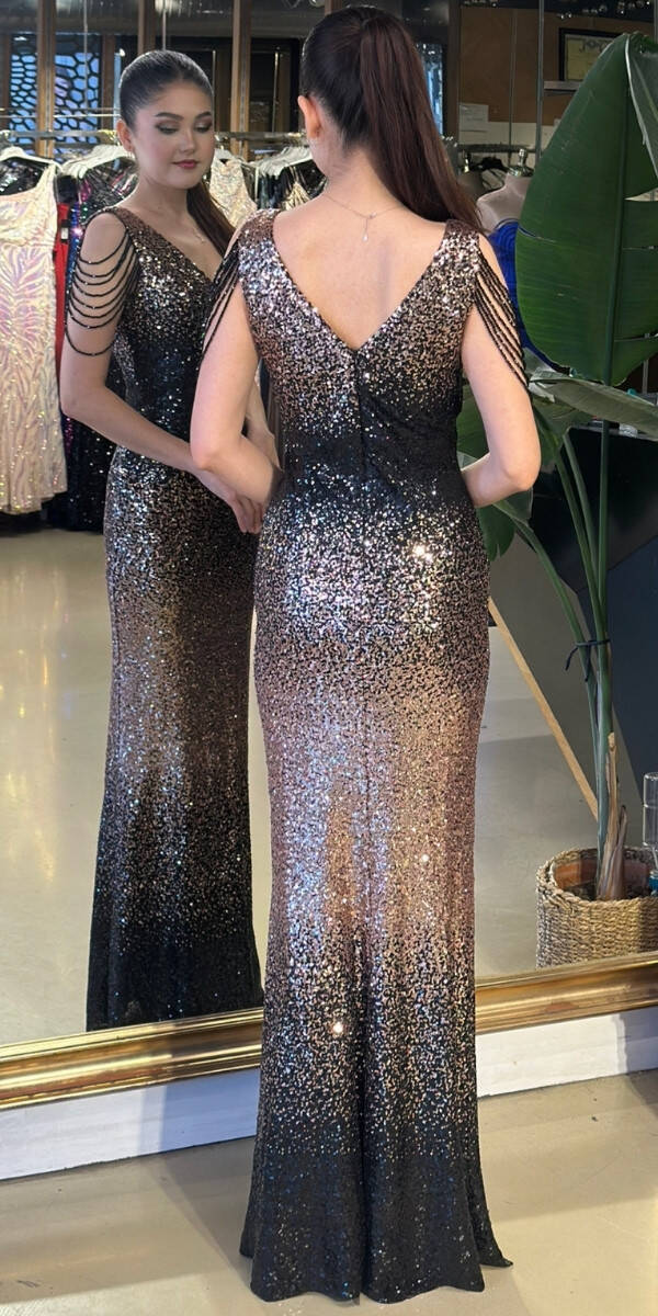 Gold V Yaka Kalın Askı Boncuk İşlemeli Düz Kesim Payet Uzun Abiye Elbise 11012-03 - 5