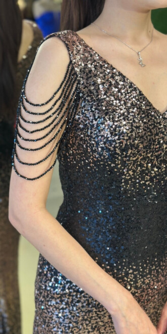 Gold V Yaka Kalın Askı Boncuk İşlemeli Düz Kesim Payet Uzun Abiye Elbise 11012-03 - 4