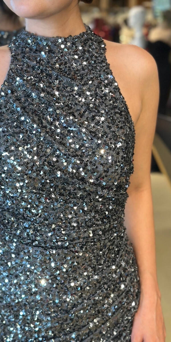 Gri Stefanel Yaka Yırtmaçlı Düz Kesim Payet Uzun Abiye Elbise 7781 - 4