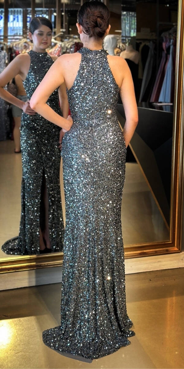 Gri Stefanel Yaka Yırtmaçlı Düz Kesim Payet Uzun Abiye Elbise 7781 - 5