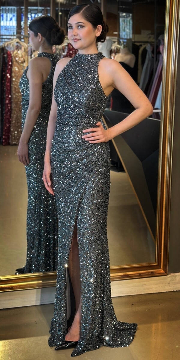 Gri Stefanel Yaka Yırtmaçlı Düz Kesim Payet Uzun Abiye Elbise 7781 - 2