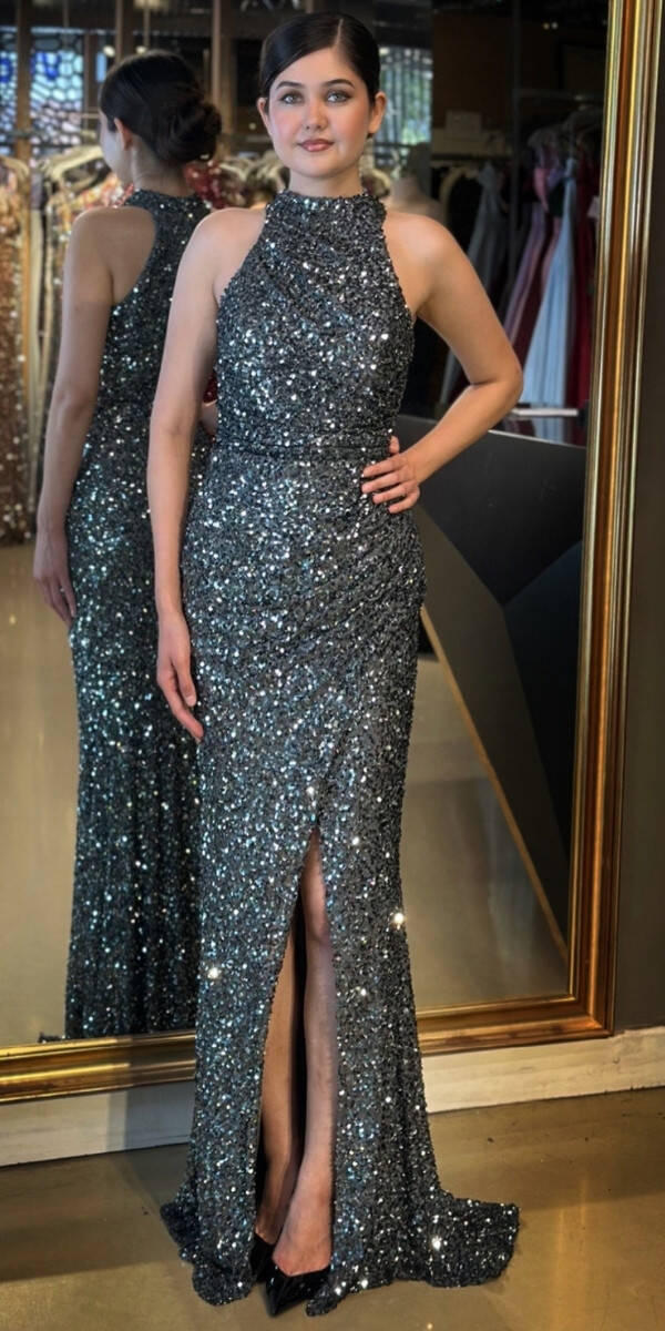 Gri Stefanel Yaka Yırtmaçlı Düz Kesim Payet Uzun Abiye Elbise 7781 - 1