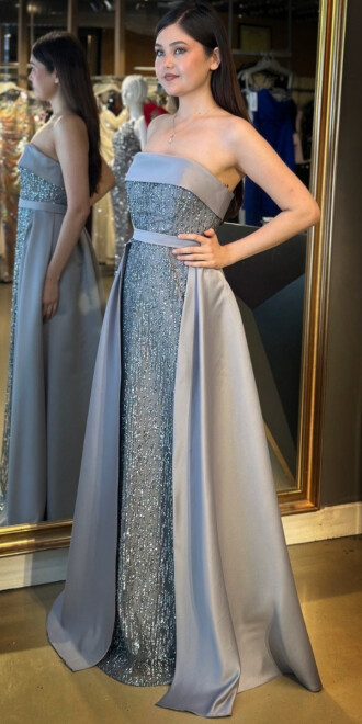 Gri Straplez Yaka Çıkarılabilir Kuyruklu Düz Kesim Simli Uzun Abiye Elbise 7699 - abiyeniall