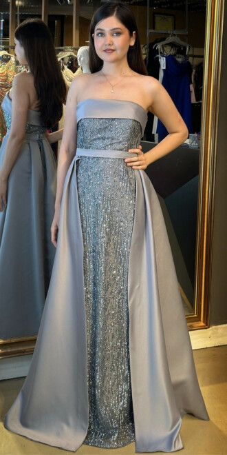 Gri Straplez Yaka Çıkarılabilir Kuyruklu Düz Kesim Simli Uzun Abiye Elbise 7699 - 2