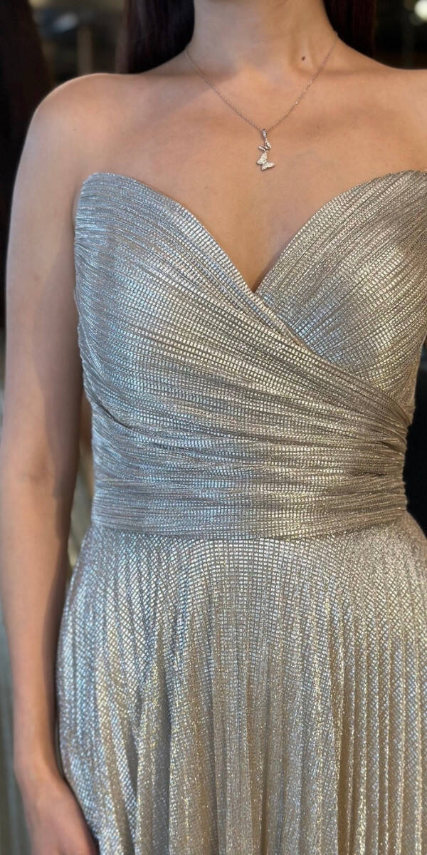 Gri Straplez Yaka Kloş Etekli Jakarlı Uzun Abiye Elbise 11080 - 4