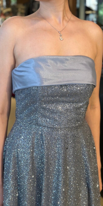 Gri Straplez Yaka Kloş Etekli Simli Midi Abiye Elbise 7776 - 4