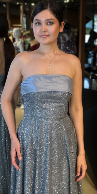 Gri Straplez Yaka Kloş Etekli Simli Midi Abiye Elbise 7776 - 3