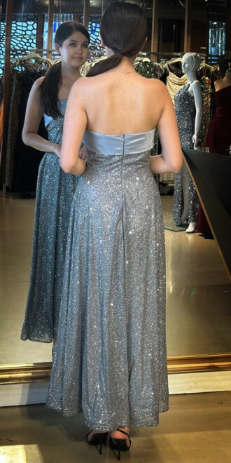 Gri Straplez Yaka Kloş Etekli Simli Midi Abiye Elbise 7776 - 5