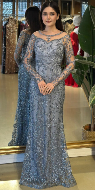 Gri Yuvarlak Yaka Uzun Kollu Düz Kesim Simli Uzun Abiye Elbise 11030-02 - abiyeniall