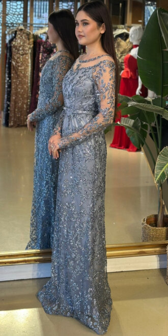 Gri Yuvarlak Yaka Uzun Kollu Düz Kesim Simli Uzun Abiye Elbise 11030-02 - 2