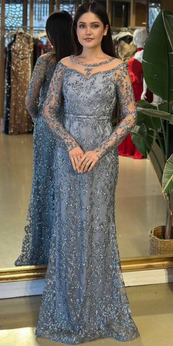 Gri Yuvarlak Yaka Uzun Kollu Düz Kesim Simli Uzun Abiye Elbise 11030-02 - 1