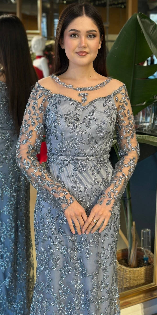 Gri Yuvarlak Yaka Uzun Kollu Düz Kesim Simli Uzun Abiye Elbise 11030-02 - 3