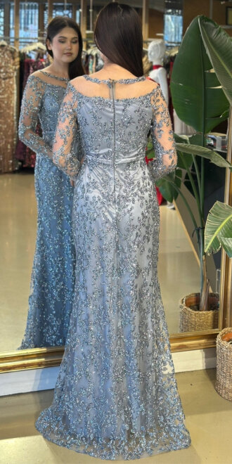 Gri Yuvarlak Yaka Uzun Kollu Düz Kesim Simli Uzun Abiye Elbise 11030-02 - 5