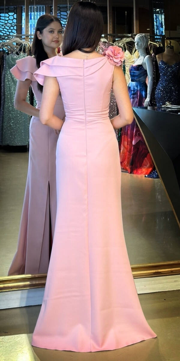 Gül Kurusu Çiçek Detaylı Yırtmaçlı Düz Kesim Krep Uzun Abiye Elbise 11027 - 5