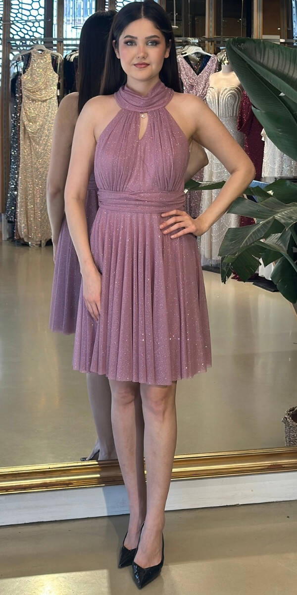 Gül Kurusu Sırt Dekolteli Kloş Etekli Simli Kumaş Kısa Abiye Elbise 6710 - 1