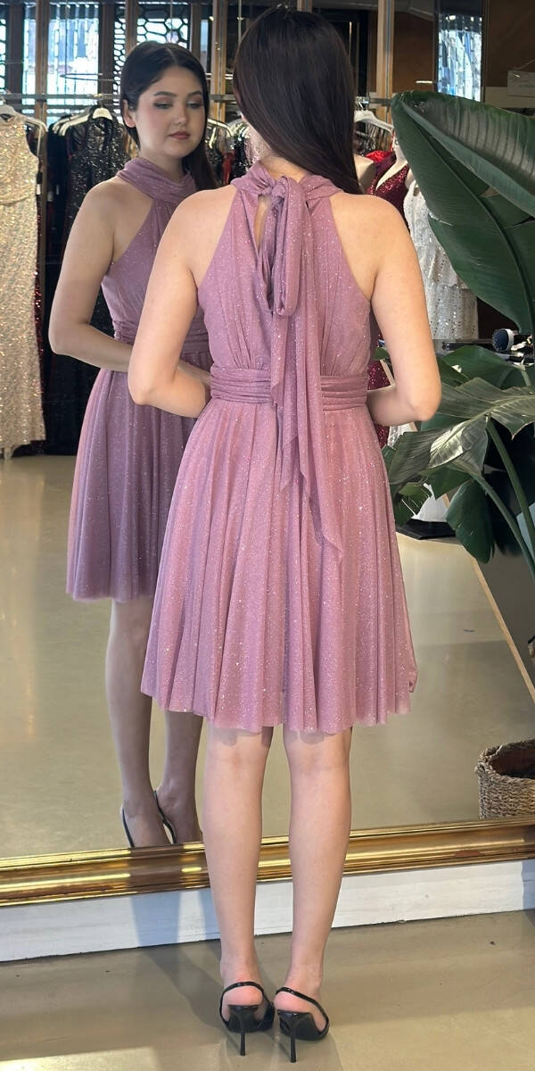 Gül Kurusu Sırt Dekolteli Kloş Etekli Simli Kumaş Kısa Abiye Elbise 6710 - 2