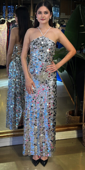 Gümüş Halter Yaka Sırt Dekolteli Yırtmaçlı Düz Kesim Payet Midi Abiye Elbise 11042-02 - abiyeniall