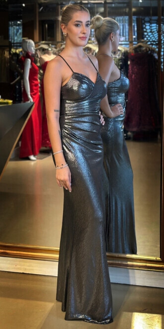 Gümüş V Yaka İp Askılı Sırt Dekolteli Düz Kesim Parlak Kumaş Uzun Abiye Elbise 11086-02 - 2