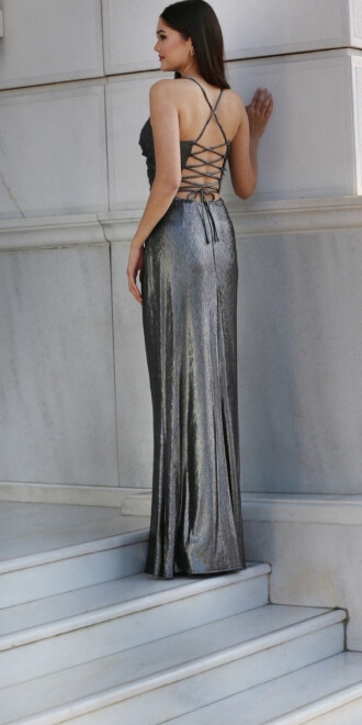 Gümüş V Yaka İp Askılı Sırt Dekolteli Düz Kesim Parlak Kumaş Uzun Abiye Elbise 11086-02 - 2