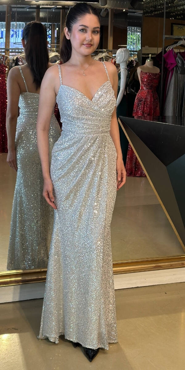 Gümüş İp Askılı Uzun Abiye Elbise 7354 - 1